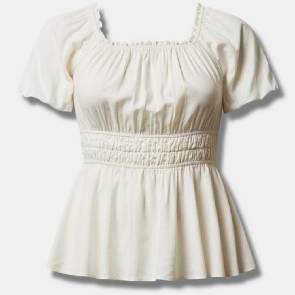 Linen Puff Sleeve Shirred Bodice Blouse